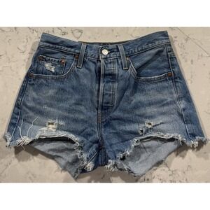 Levi's 501 Denim Shorts Womens 25 Blue Button Fly Distressed Frayed Raw Hem
